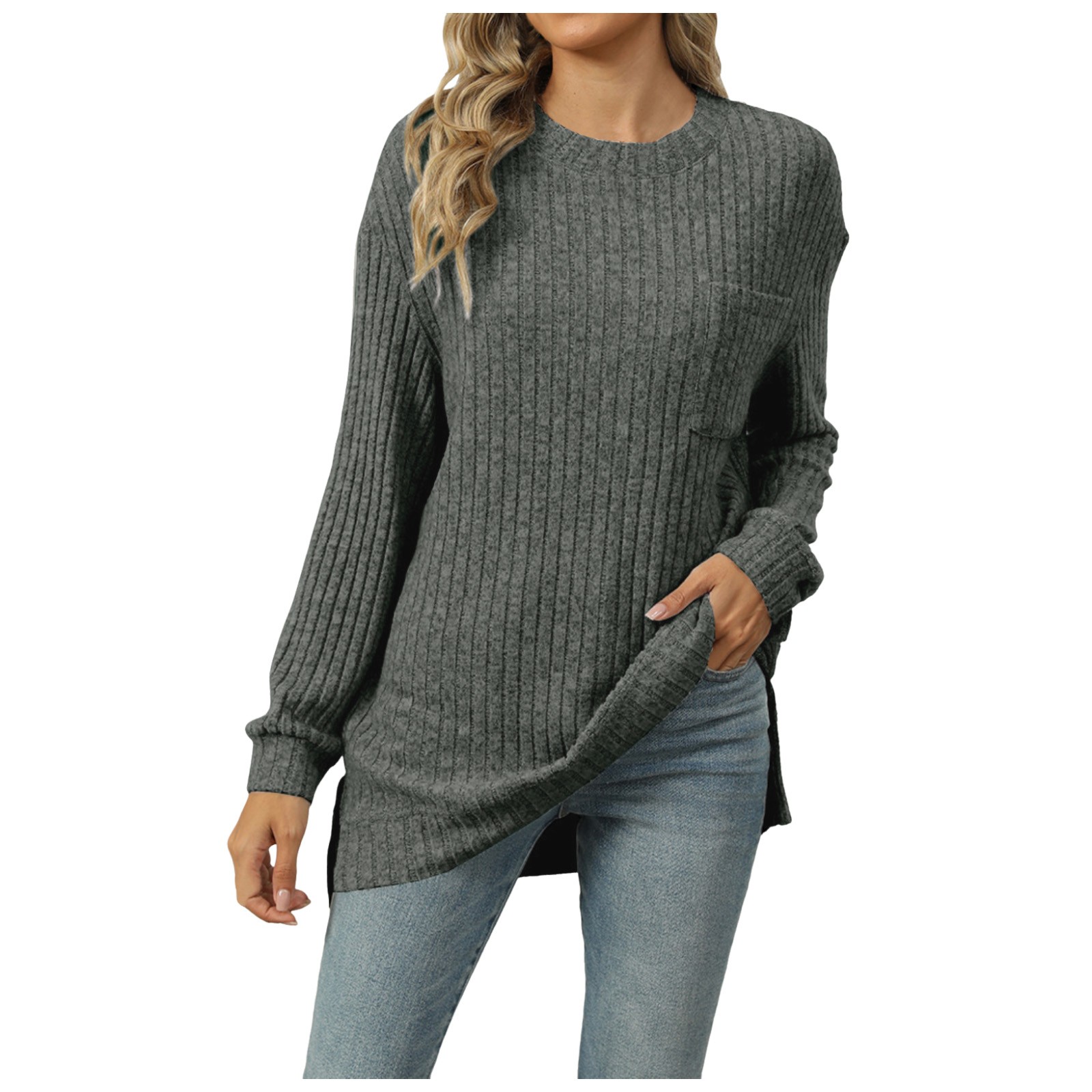 thumbnail image 1 of Jersey ligero de manga larga y cuello redondo para mujer - Jersey túnica informal, poliéster de color liso, tallas S-XXL para el otoño, 1 of 2
